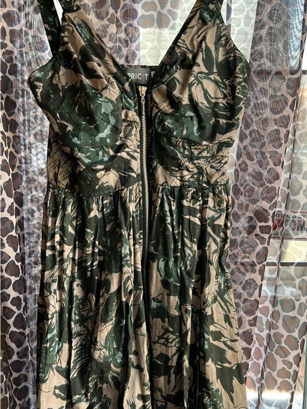 APRICOT Green and Tan Floral Strapless Sundress with Front Zip